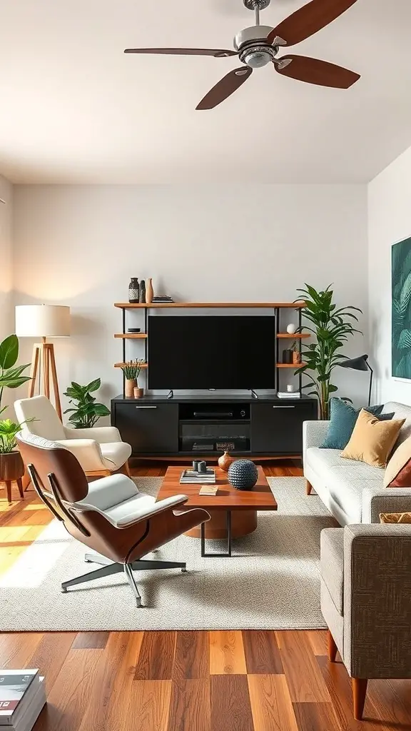 31+ Inspiring Mid Century Decor Ideas for a Stylish Home 9 A stylish mid-century living room featuring iconic furniture pieces.