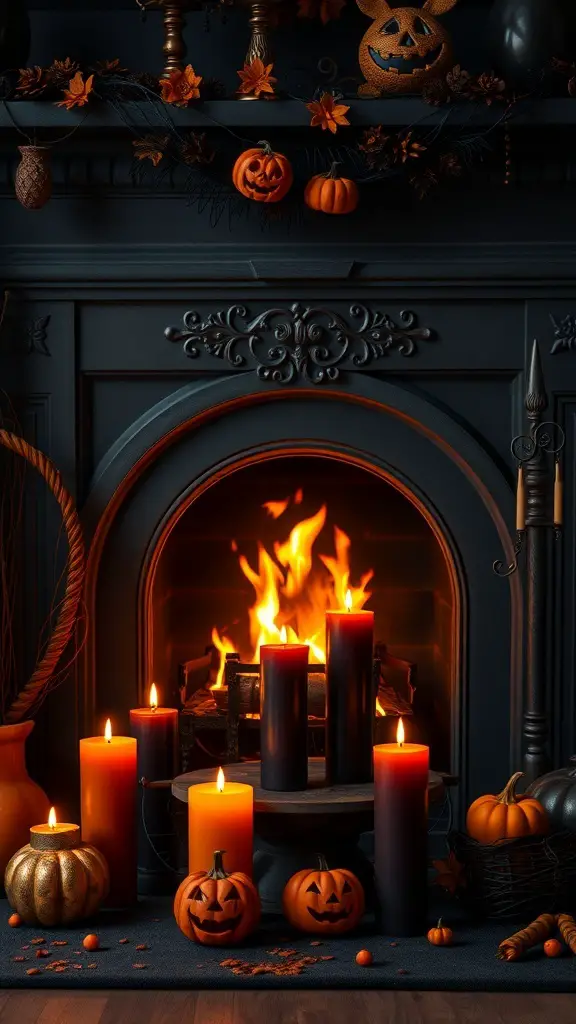 27+ Spooktacular Halloween Fireplace Decor Ideas You Need to Try 7 A Halloween fireplace decorated with candles, pumpkins, and autumn leaves, creating a spooky atmosphere.
