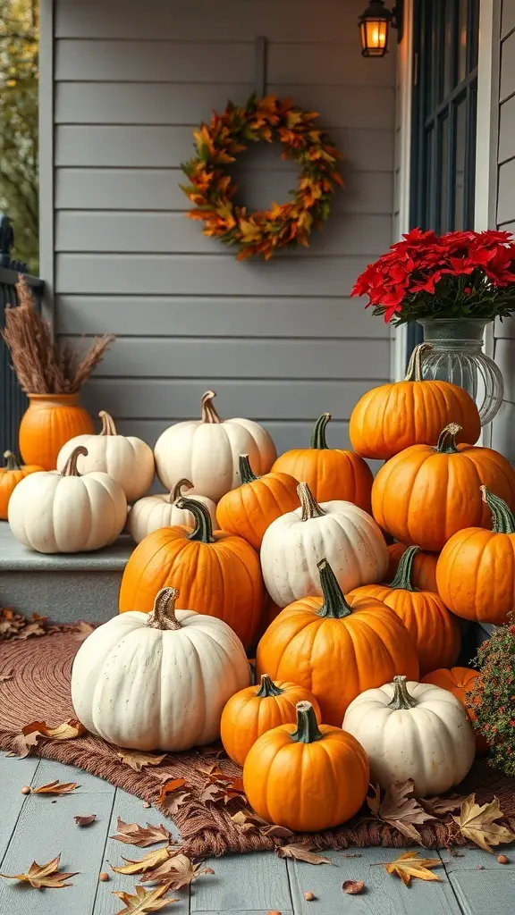 29+ Creative Fall Outdoor Decor Ideas to Transform Your Space 7 A charming display of orange and white pumpkins on a porch with a wreath and flowers.