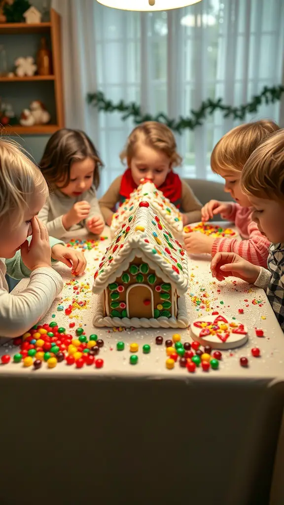 33+ Festive Christmas Party Ideas to Celebrate the Season 21 Children engaged in a gingerbread house building competition, surrounded by colorful candies and decorations.