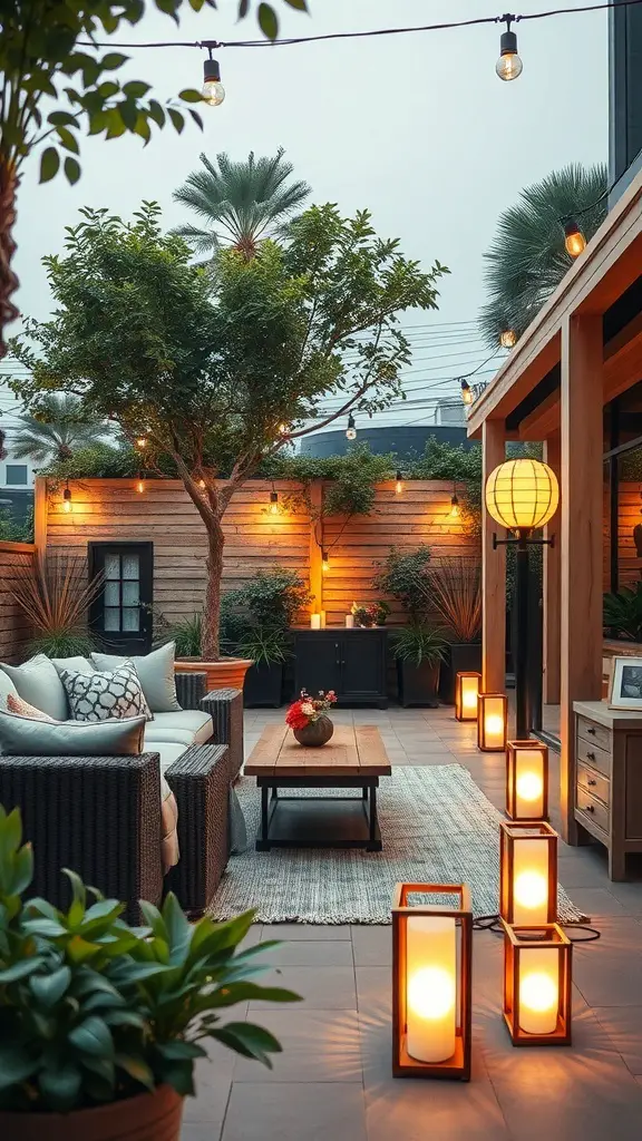 A cozy outdoor space with decorative floor lamps illuminating the area.