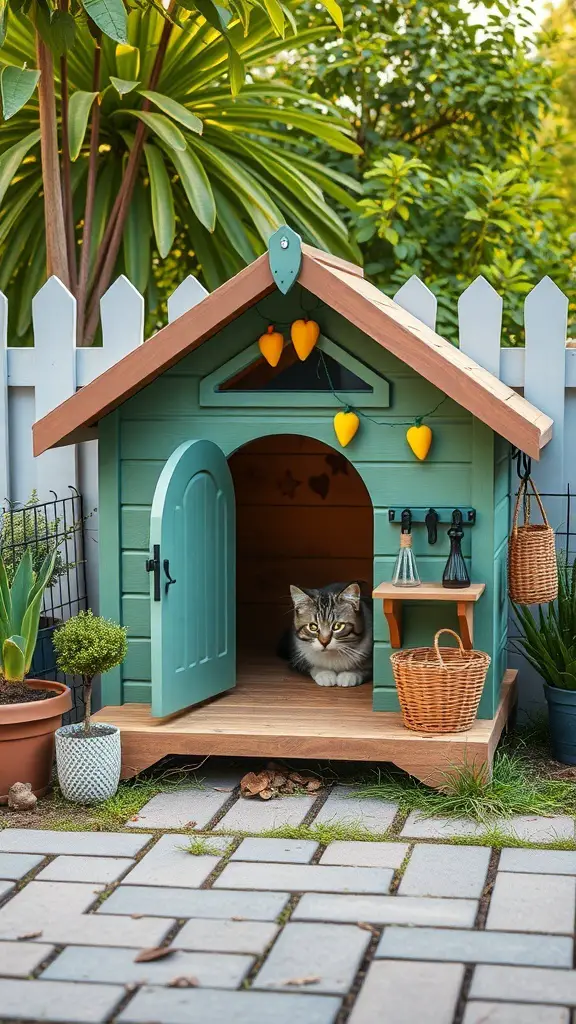 31+ Creative Outdoor Cat House Ideas for Your Feline Friend 18 A customizable outdoor cat house with a green and brown design, featuring heart-shaped ornaments and potted plants.