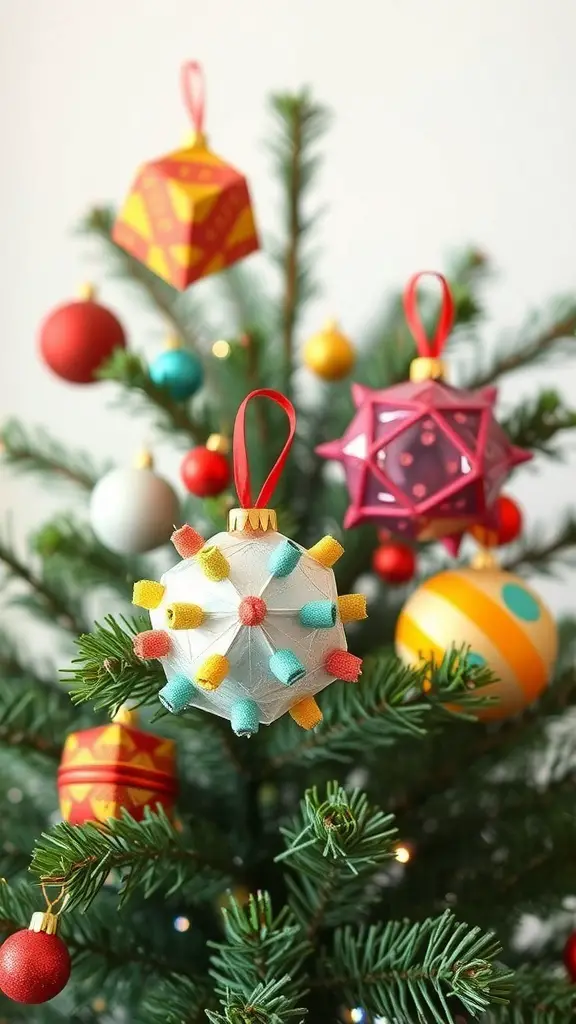 Colorful DIY craft ornaments hanging on a Christmas tree