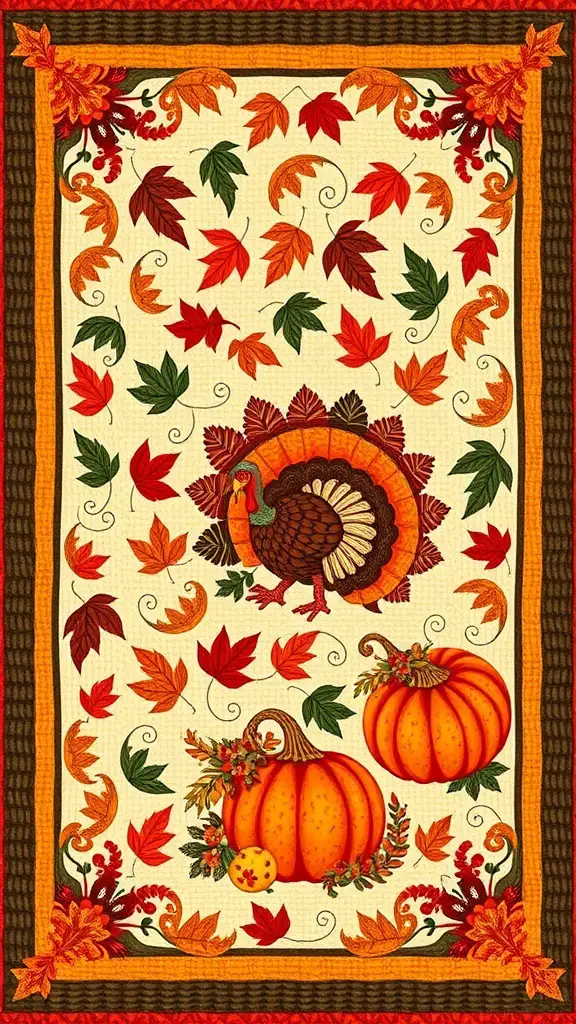 A Thanksgiving Table Quilt featuring a turkey, pumpkins, and autumn leaves in warm colors.