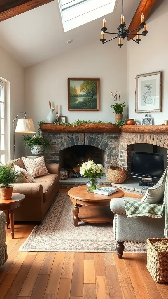 23+ Cozy English Cottage Living Room Ideas for a Warm Home Aesthetic 11 Cozy English cottage living room with comfortable sofas, a coffee table, and a fireplace.