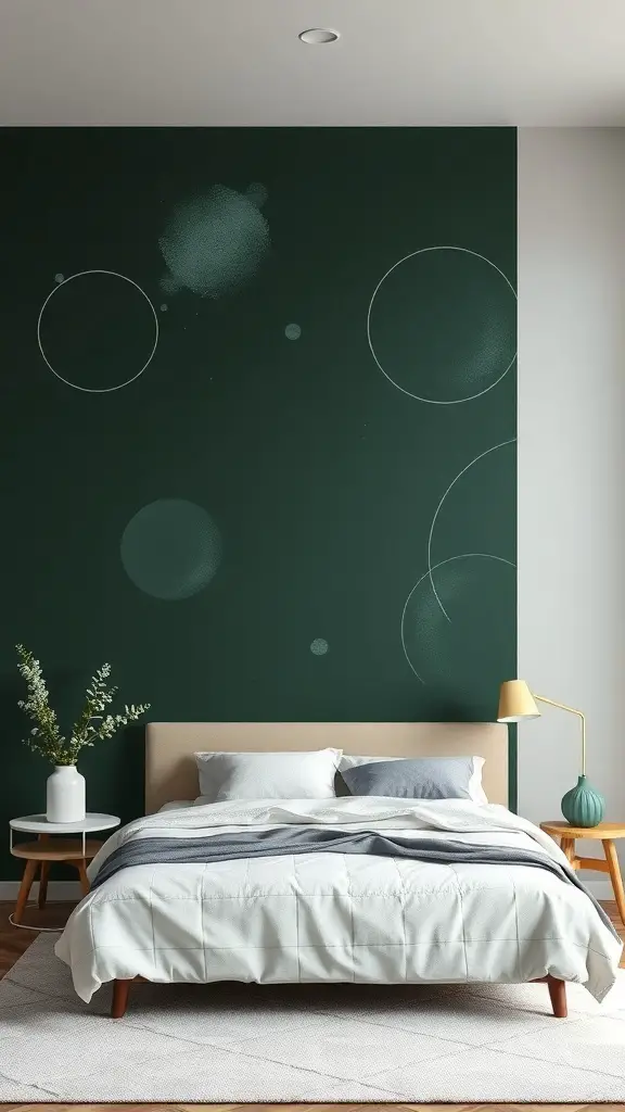 35+ Stunning Dark Green Bedroom Ideas for a Cozy Retreat 5 A dark green bedroom wall with artistic circular murals, featuring a cozy bed and stylish decor.