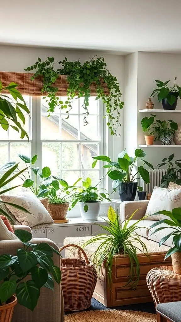 23+ Cozy English Cottage Living Room Ideas for a Warm Home Aesthetic 19 Cozy English cottage living room filled with various indoor plants