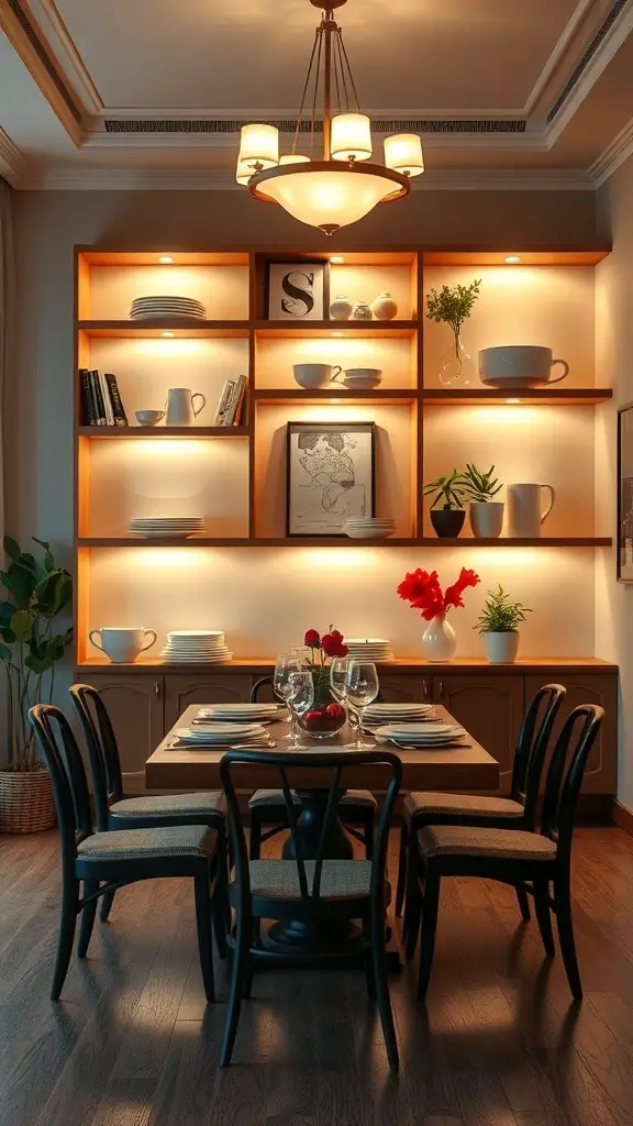 A dining room featuring a well-lit storage wall with dishes and decor, creating a warm and inviting atmosphere.