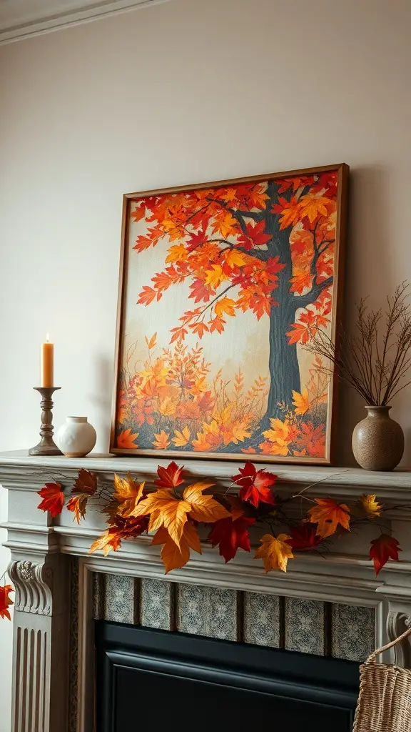 27+ Stunning Fall Mantle Decor Ideas You’ll Love 9 A fall-themed mantle display featuring autumn artwork, pumpkins, and decorative elements.