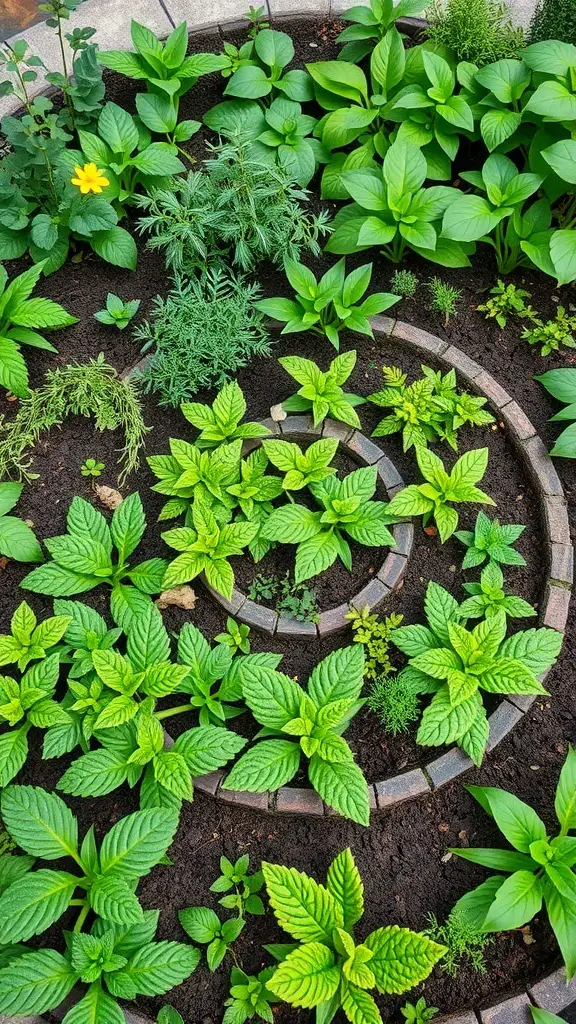 21+ Budget-Friendly Garden Ideas to Transform Your Outdoor Space 8 Aerial view of a lush herb spiral garden with various green plants.