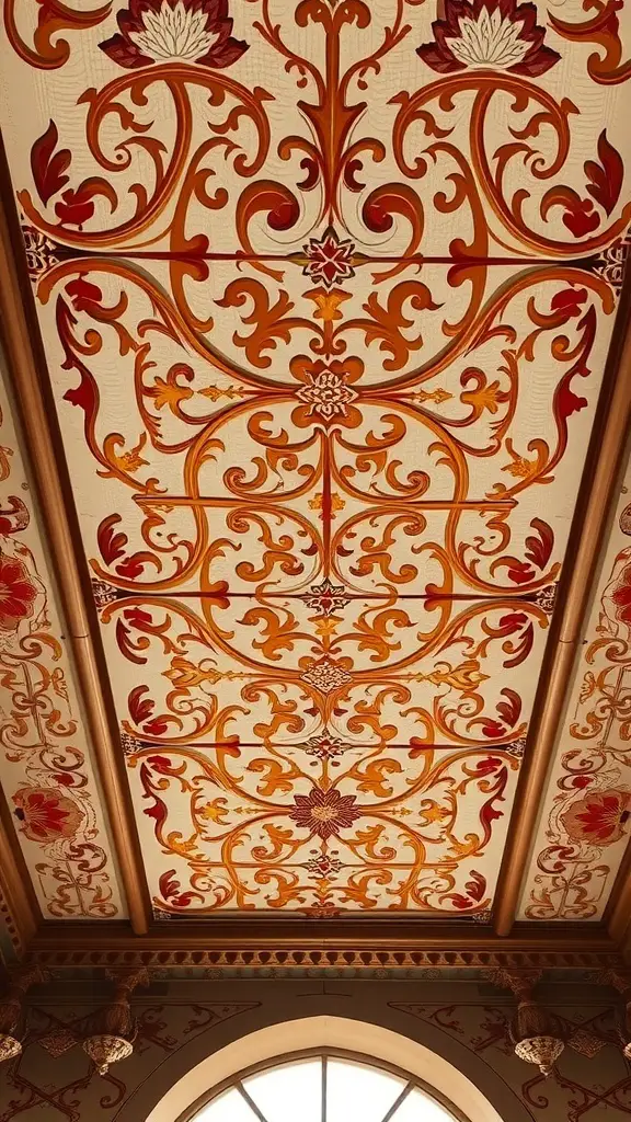 27+ Stunning Fall Ceiling Designs to Inspire Your Home Decor 21 Intricate stenciled ceiling design with floral and swirling patterns in warm colors.