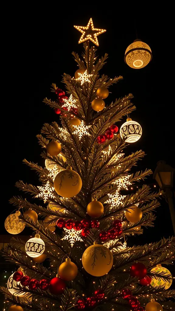 A beautifully decorated Christmas tree with light-up ornaments and a star on top.