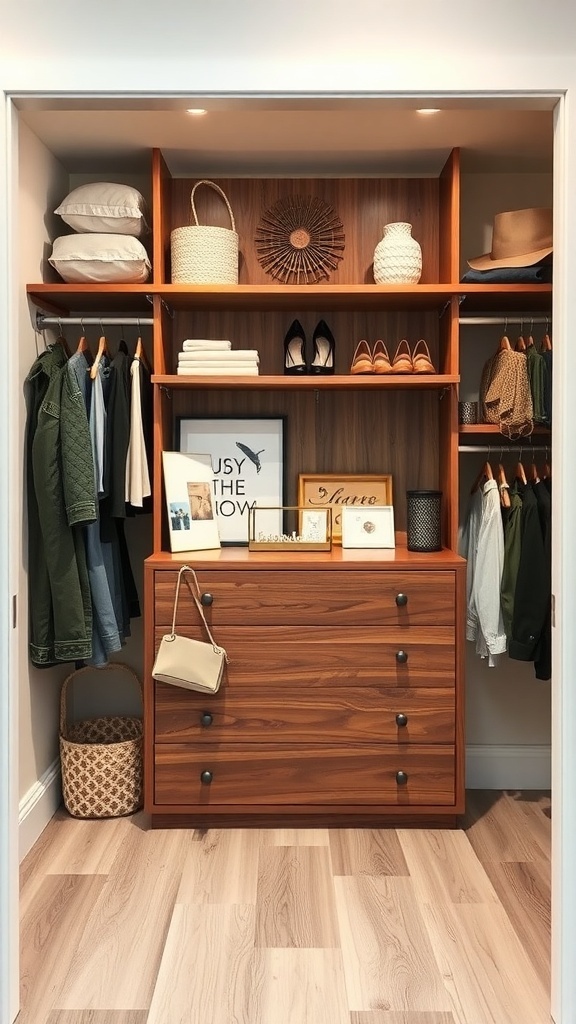 25+ Stylish Closet Ideas Featuring Dressers Inside 18 Stylish closet with a dresser, organized clothes, and decorative items.