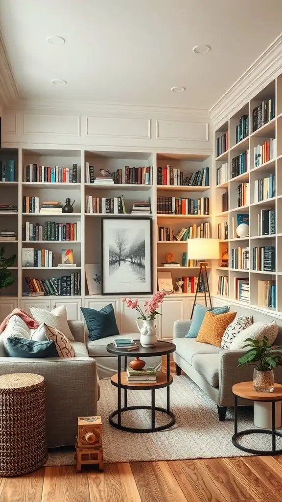29+ Modern Cottage Living Room Ideas You’ll Love 19 A cozy living room with a reading nook, featuring soft sofas, colorful pillows, and built-in bookshelves filled with books.