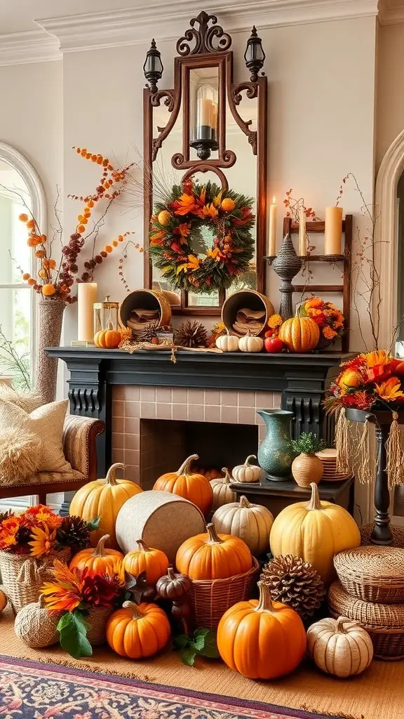 A cozy autumn living room with a decorated mantel featuring pumpkins, flowers, and candles.