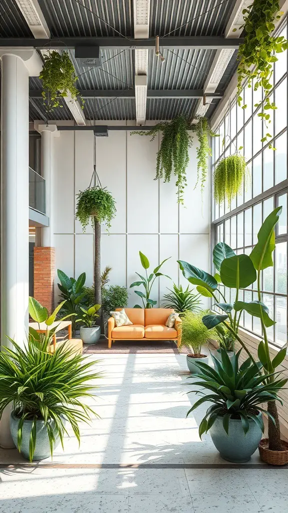 A bright indoor space with various plants creating distinct zones, featuring a cozy seating area.