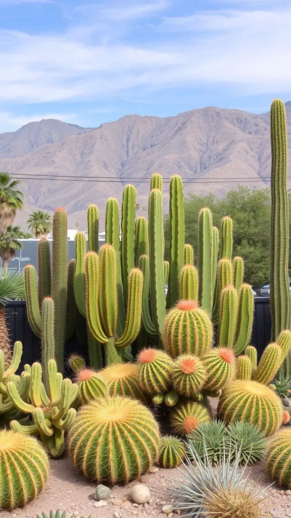 A collection of various cacti in a desert landscape with mountains in the background.