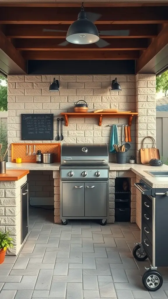 27+ Must-Have Items for the Ultimate Outdoor Grill Station 11 A modern outdoor grill station featuring a grill, storage cabinets, and a countertop.