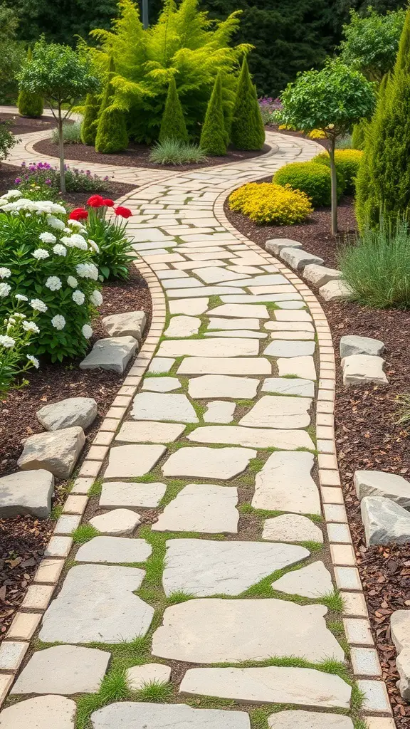 A winding stone pathway surrounded by colorful flowers and greenery in a landscaped garden.