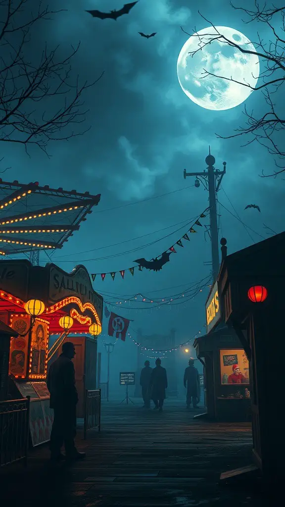 31+ Spooktacular Haunted House Ideas for Your Halloween Festival 10 A dark carnival scene with a glowing ride and eerie characters.