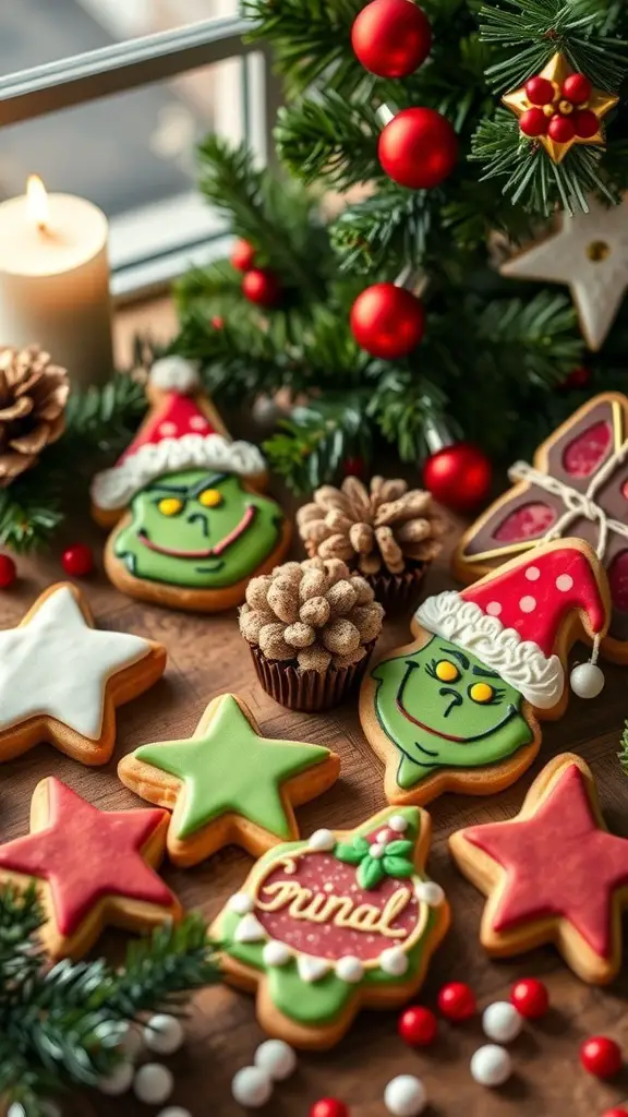29+ Creative Dollar Tree Grinch Ideas to Spread Holiday Cheer 15 A festive display of decorated Grinch cookies and holiday treats.