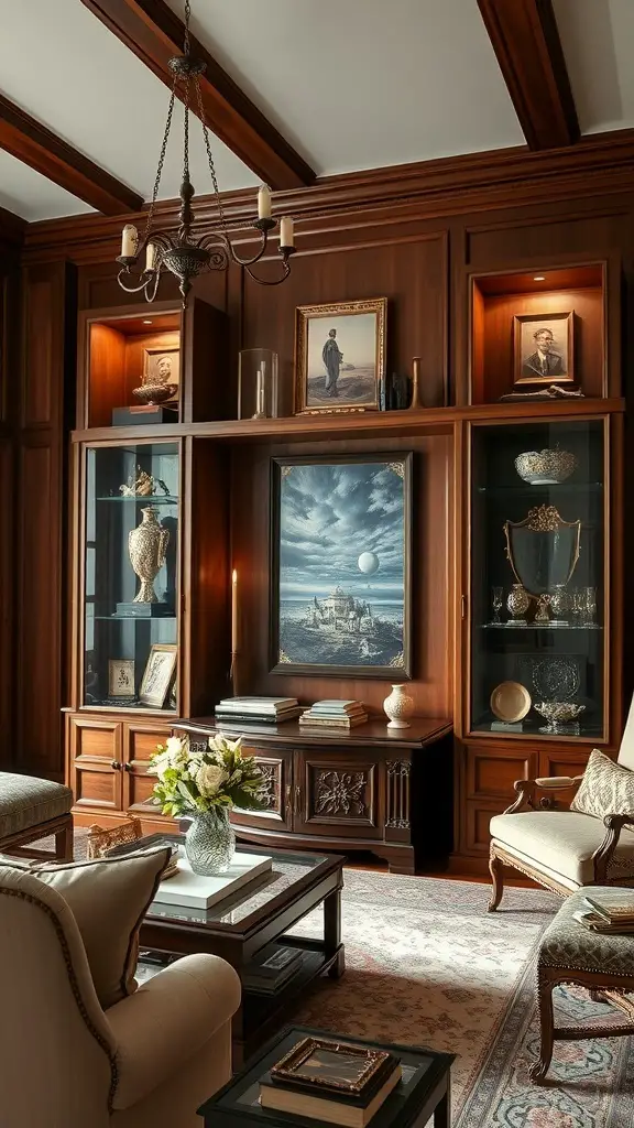 A classic old money living room featuring a large portrait, wooden cabinetry with heirlooms, and a cozy seating area.