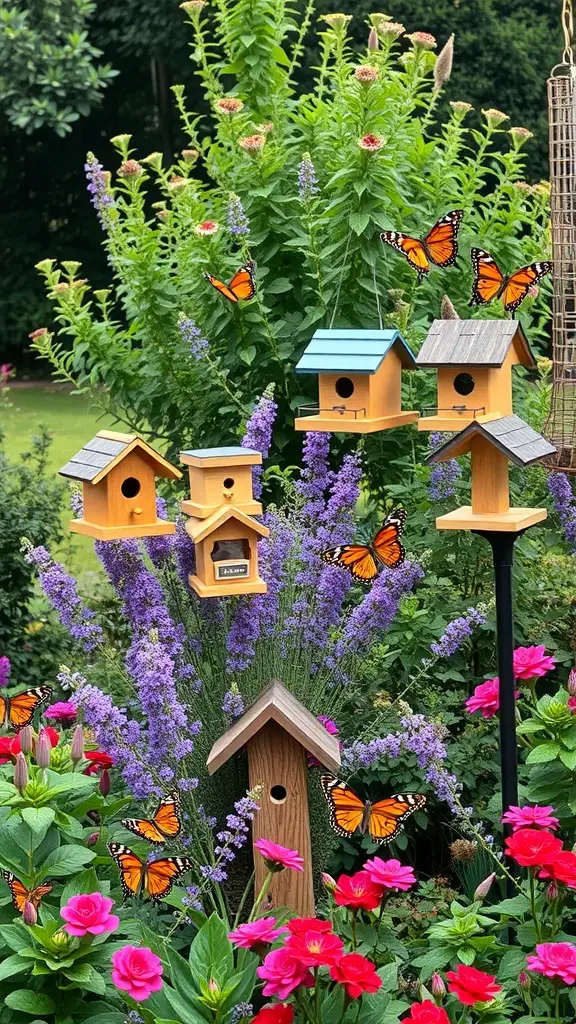 31+ Inspiring Bio Garden Ideas for a Sustainable Backyard 12 A colorful garden with birdhouses and butterflies among flowers.