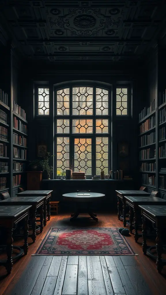 35+ Essential Dark Academia Decor Ideas for a Cozy Aesthetic 7 A dark academia interior featuring wooden tables, a vintage rug, and large stained glass windows.