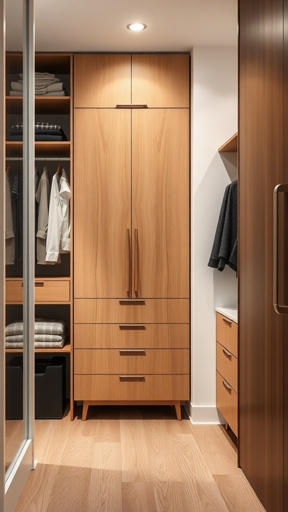 25+ Stylish Closet Ideas Featuring Dressers Inside 19 A modern closet featuring a tall wooden dresser with multiple drawers and open shelving.