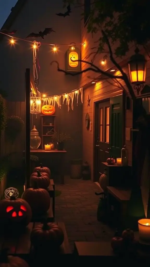 A cozy haunted house pathway decorated with pumpkins and lights for Halloween.