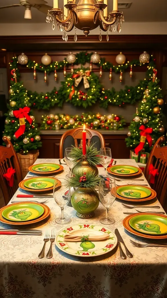 29+ Creative Dollar Tree Grinch Ideas to Spread Holiday Cheer 21 A festive Grinch-themed table setting with green plates, red utensils, and holiday decorations.