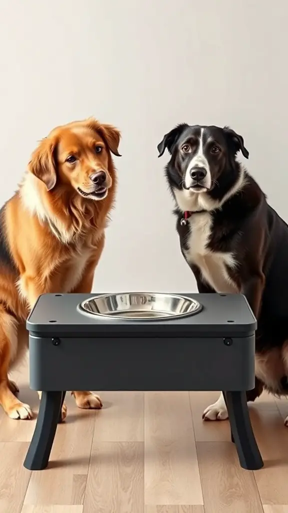 Two dogs next to an adjustable height feeding station