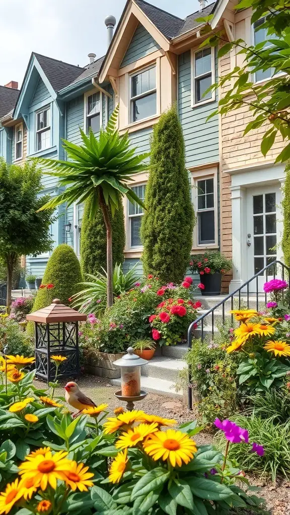 A colorful townhouse garden with flowers, greenery, and a bird