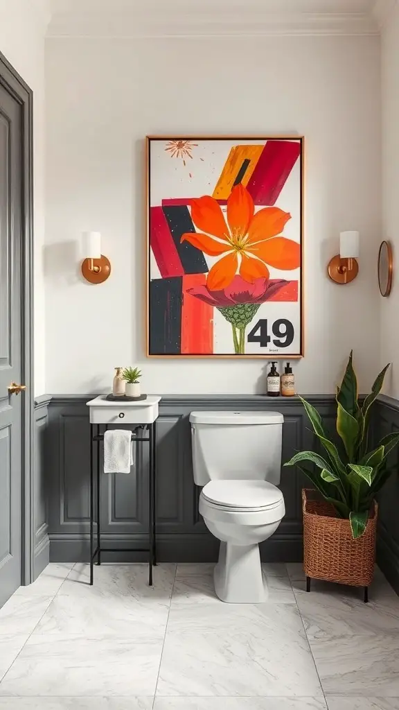 27+ Stunning Statement Powder Room Ideas to Transform Your Space 14 A stylish powder room featuring a vibrant floral artwork, modern fixtures, and greenery.