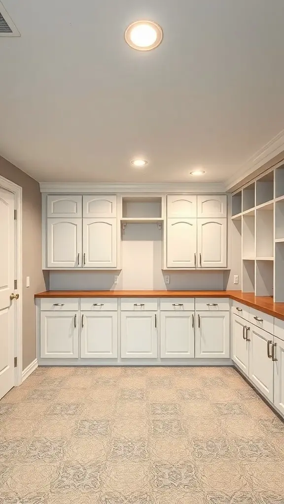 A low ceiling basement featuring built-in white cabinets and a wooden countertop, showcasing organized storage solutions.