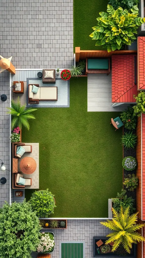 Aerial view of an L shape backyard design featuring seating areas and greenery.