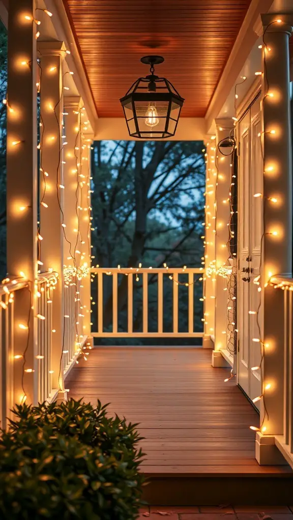 23+ Festive Front Porch Christmas Decor Ideas You’ll Love 13 A front porch decorated with twinkling string lights on railings, creating a warm and inviting atmosphere.
