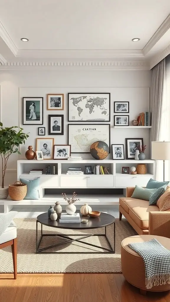 A stylish living room with a mix of family photos, vintage maps, and cozy furniture.