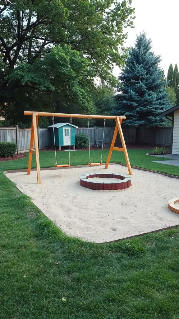 A backyard play area featuring a swing set and a sandbox.