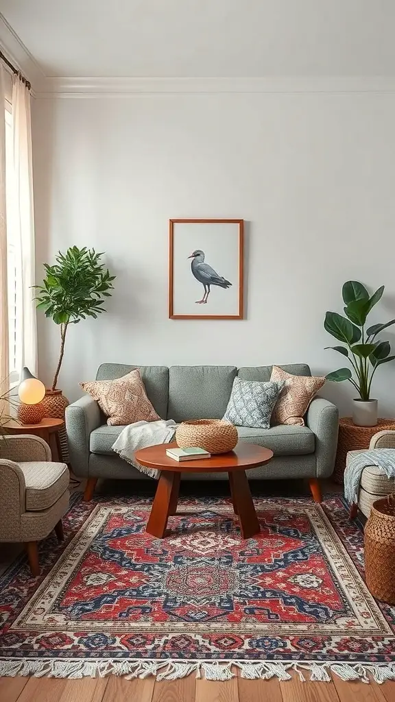 27+ Stunning Small Living Room and Dining Area Combinations 19 Cozy small living room with a dining area featuring a colorful rug, comfortable sofa with patterned pillows, and decorative plants.