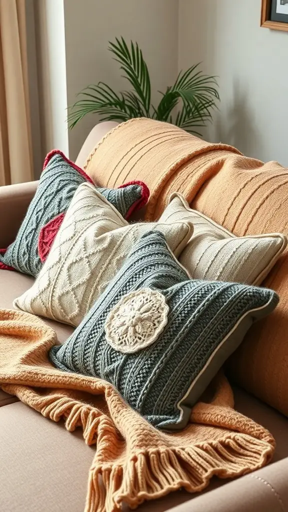35+ Creative Fall Craft Ideas You’ll Love 5 Cozy sweater weather pillows on a couch with a warm blanket
