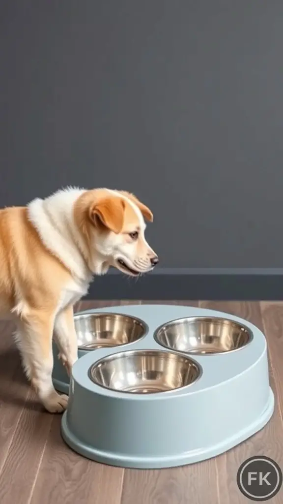 A dog standing next to a customizable feeding station with three bowls.