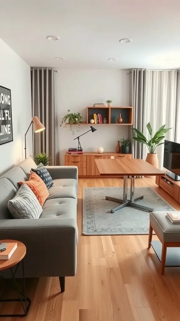 27+ Stunning Small Living Room and Dining Area Combinations 11 A small living room featuring a gray sofa, wooden coffee table, and shelving unit with plants and books.