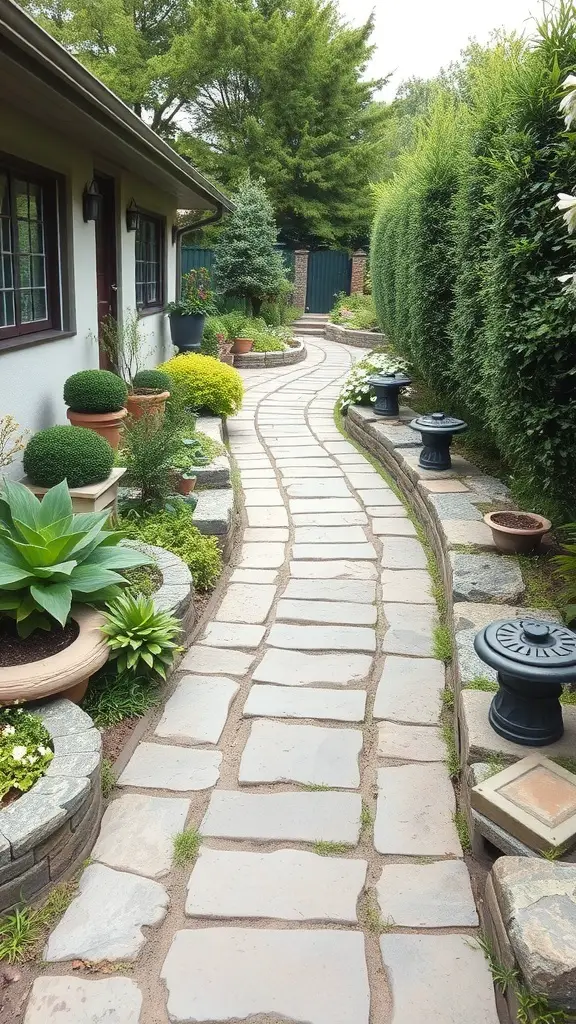 27+ Creative Long Narrow Backyard Ideas for Your Outdoor Space 8 A winding stone pathway surrounded by plants in a narrow backyard.