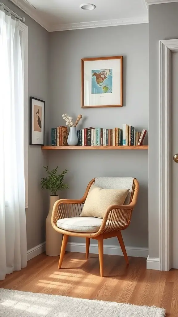 29+ Small Room Organization Ideas You Need to Try 13 A cozy corner with a chair, books on a shelf, and decorative elements.