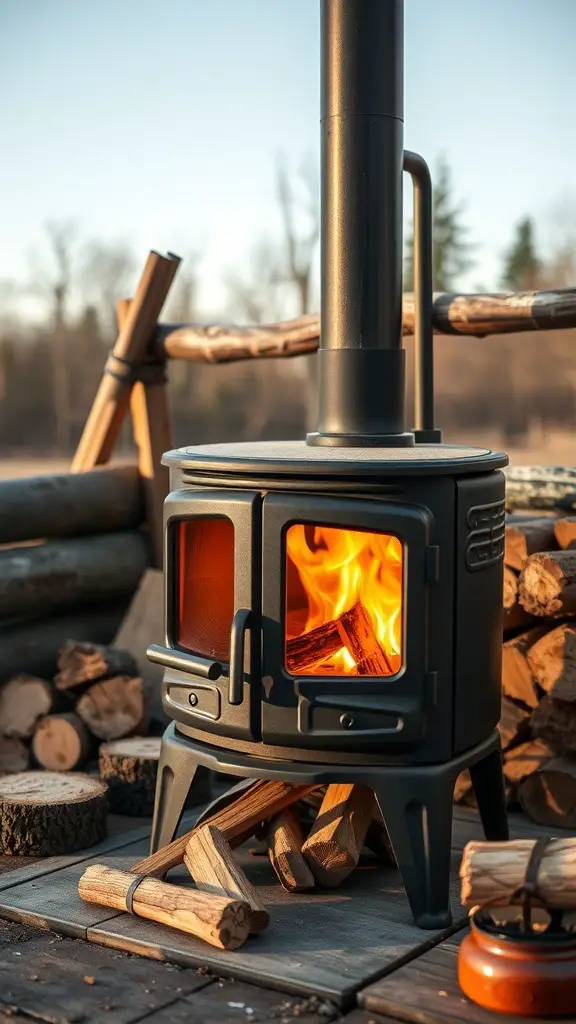 A modern multi-fuel wood stove with a fire burning inside, surrounded by stacked logs.