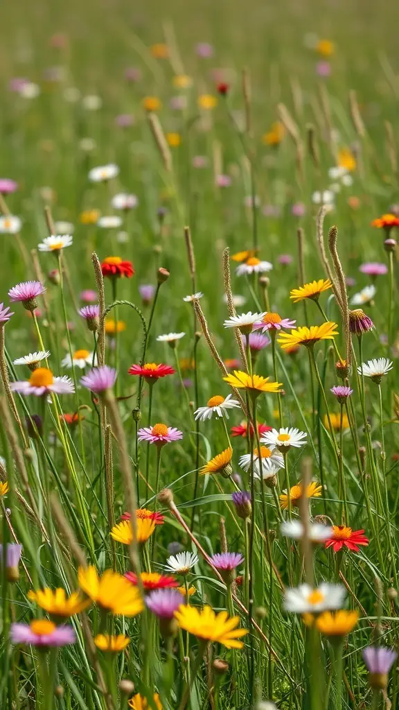 A colorful wildflower meadow with various blooming flowers
