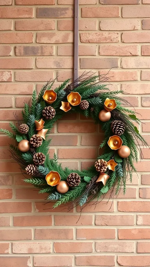 29+ Elegant Fall Wreaths to Enhance Your Home Decor 12 A wreath featuring copper accents and pinecones, displayed against a brick wall.