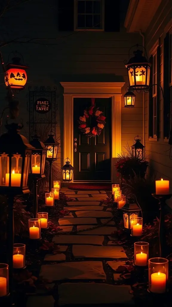 31+ Spooky Halloween House Decorations You Need This Season 20 A spooky Halloween pathway with glowing lanterns and candles leading to a decorated door.