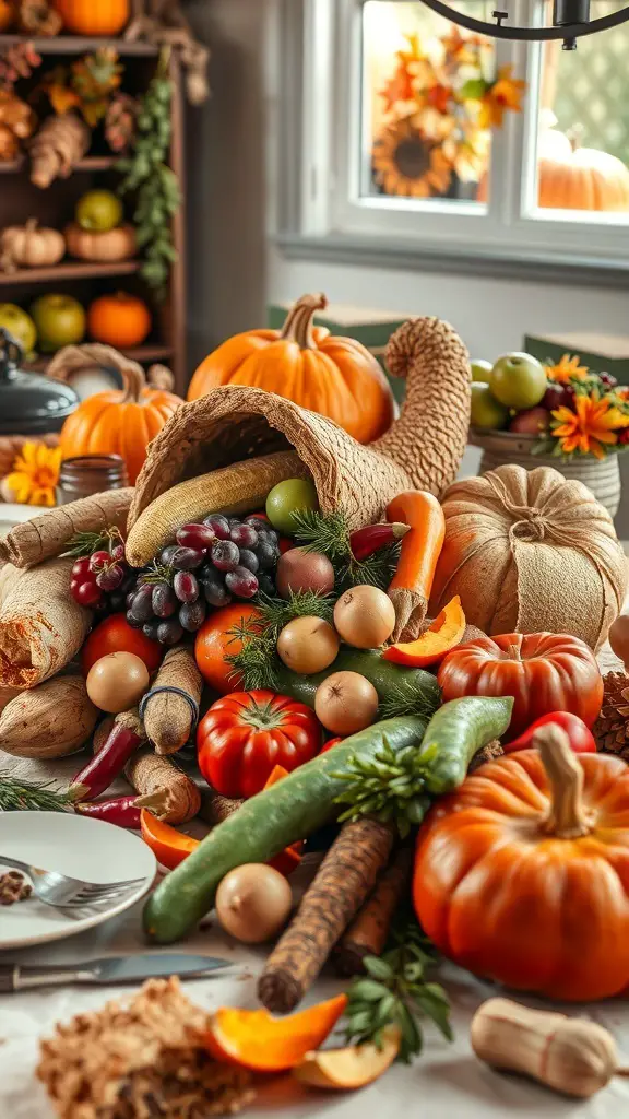 A cornucopia filled with pumpkins, vegetables, and fruits, creating a vibrant Thanksgiving tablescape.